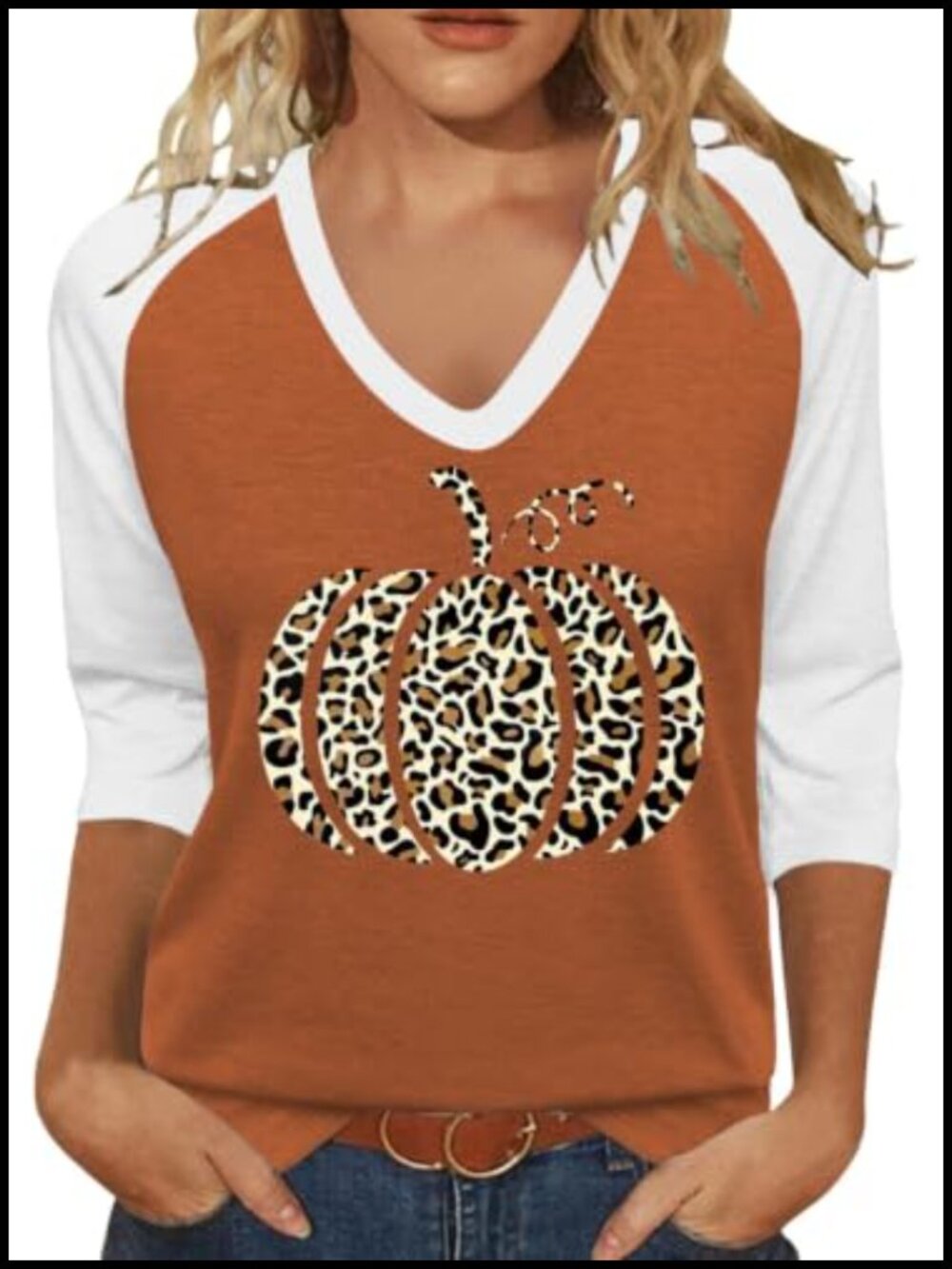 Women's Fall Halloween Thanksgiving Color Block V Neck T-Shirt 3/4 Sleeve